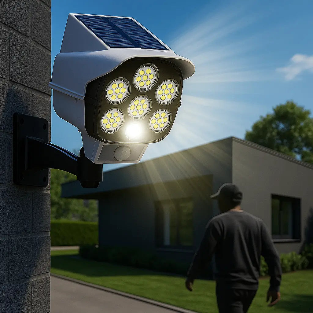 🔆 Foco LED Solar Tipo Cámara – 🏠 Ilumina tu hogar y ahuyenta intrusos – 🌙 Seguridad 24 h sin gastar luz 💡