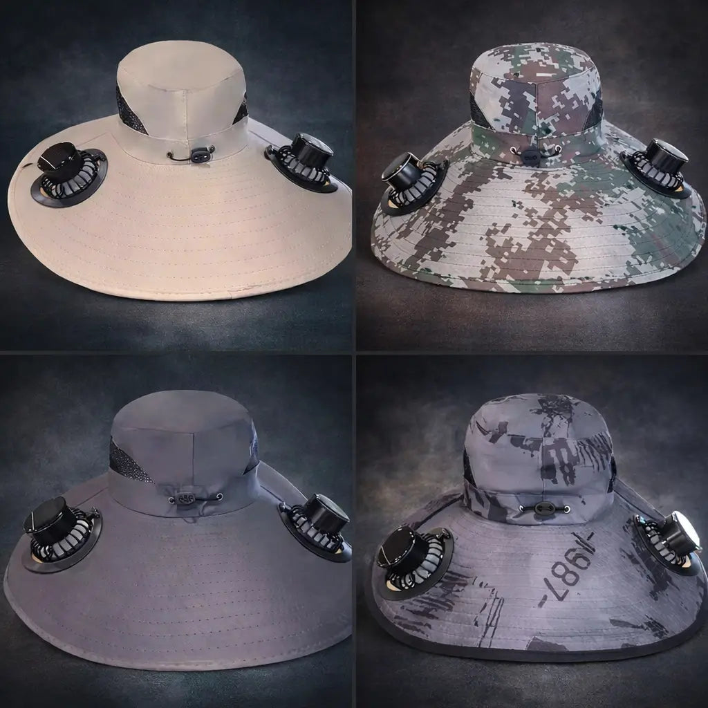 🧢 Sombrero con Doble Ventilador (Colores al Azar) 🌀 – Ventilación Activa ⚡ – Mantente Fresco Desde el Primer uso Bajo Sol Intenso ❄️